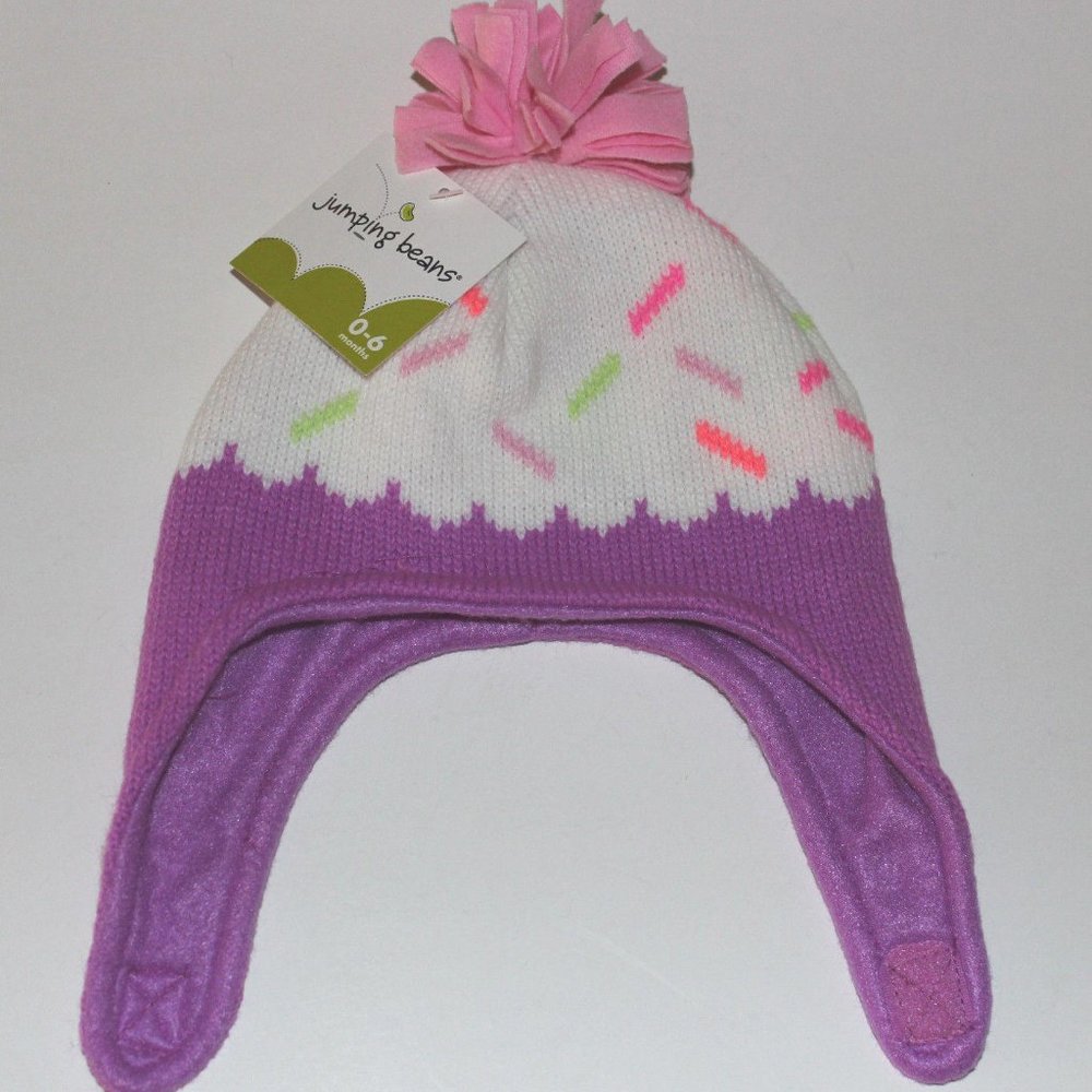 NWT NEWBORN INFANT BABY 0-6 MONTHS SOFT FLEECE LINED KNIT HAT PURPLE CUPCAKE